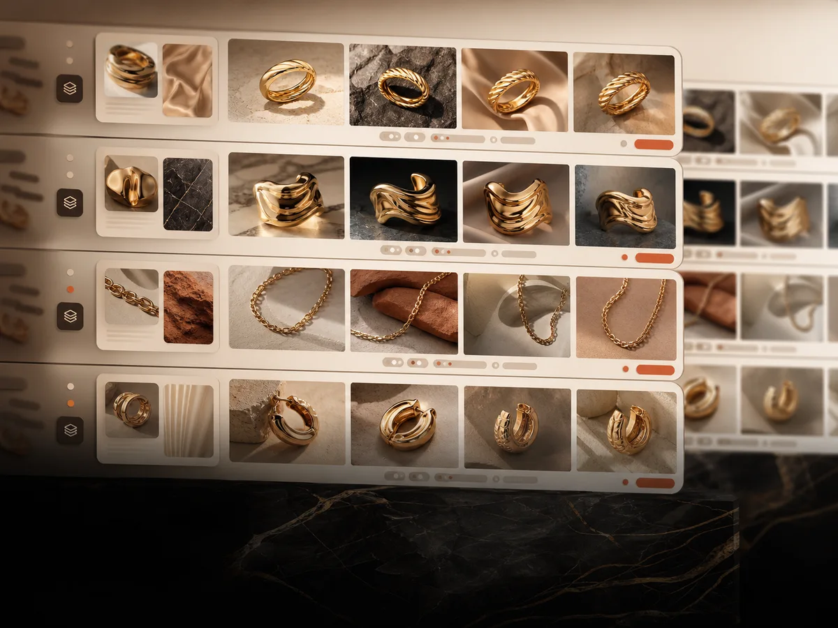 Multiple jewellery generation jobs queued together in Lustra AI Batch Studio