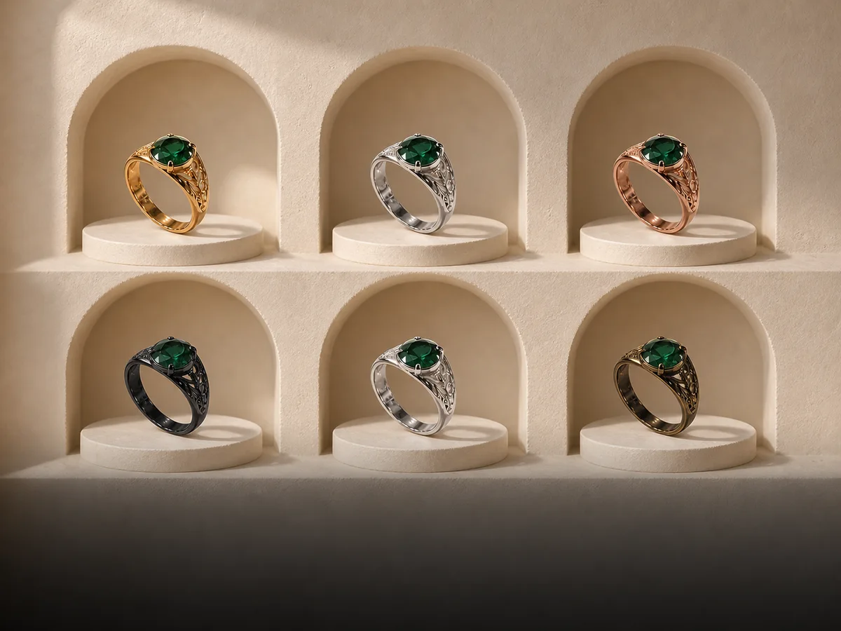 Gold, silver and rose-gold jewellery colour variants generated in Lustra AI